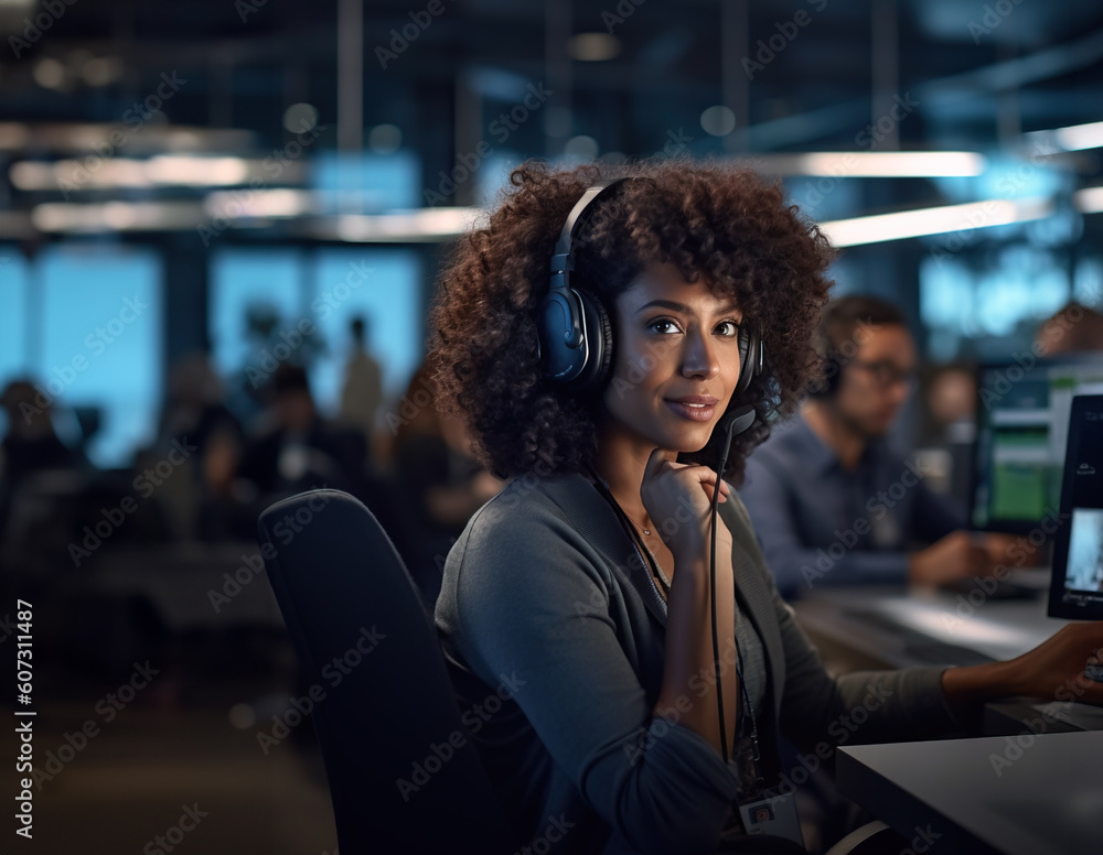 Female call center agent working in IT sector support. Female call center agent working in IT sector support.
