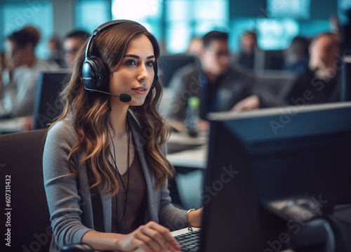 Beautiful long haired brunette woman with headset working in call center.
