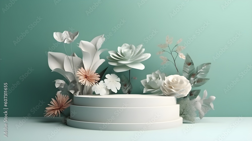 White podium with floral background