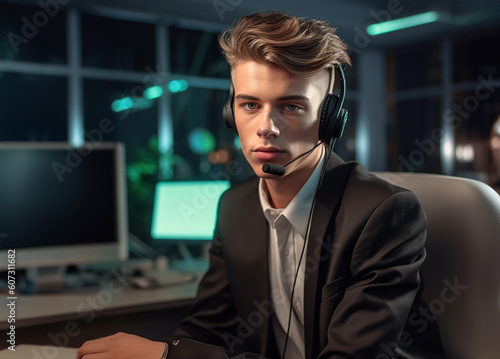 Handsome young business man with quiffed hair, shaved sides, wearing headset with microphone working in office.