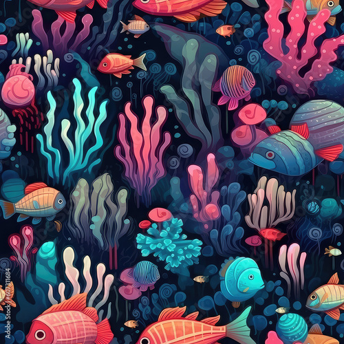 Exotic fishes and corals seamless repeat pattern - fantasy colorful cubism, abstract art, trippy psychedelic [Generative AI]