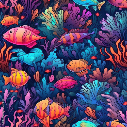 Exotic fishes and corals seamless repeat pattern - fantasy colorful cubism  abstract art  trippy psychedelic  Generative AI 