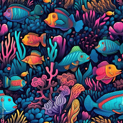 Exotic fishes and corals seamless repeat pattern - fantasy colorful cubism  abstract art  trippy psychedelic  Generative AI 