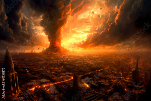 post-apocalyptic city, fire, smoke, abandonment, destruction, explosions, ai generated