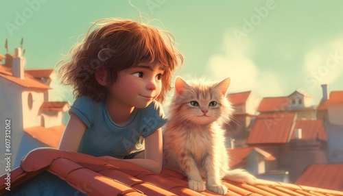 The child is hugging with a gray striped cute kitten in her arms, the cat is a pet. Generative AI photo
