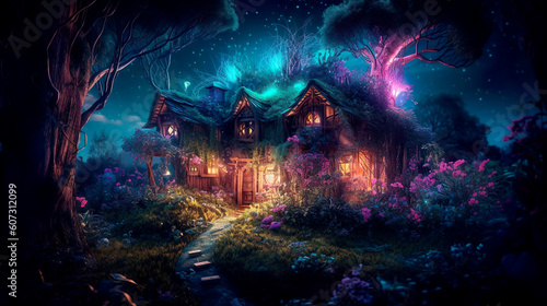 a fairy-tale house in magical forest  ai generated