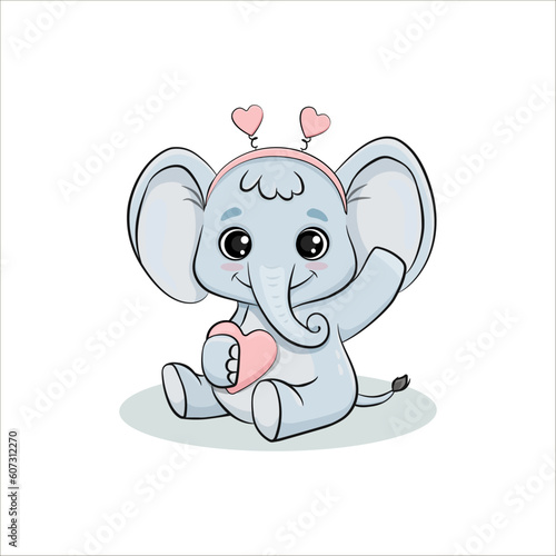 Cute Cartoon Elephant with pink heart isolated on a white background. Vector illustration