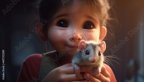 A joyful child holds a hand mouse against the background of his face, a close-up portrait with a hamster. Generative AI