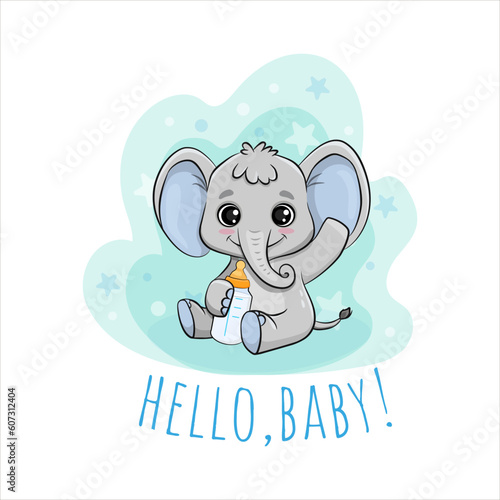 Cute little elephant, cartoon animal character. Poster for baby room, baby shower, greeting card, kids and baby t-shirts and wear. Nursery illustration. Vector 