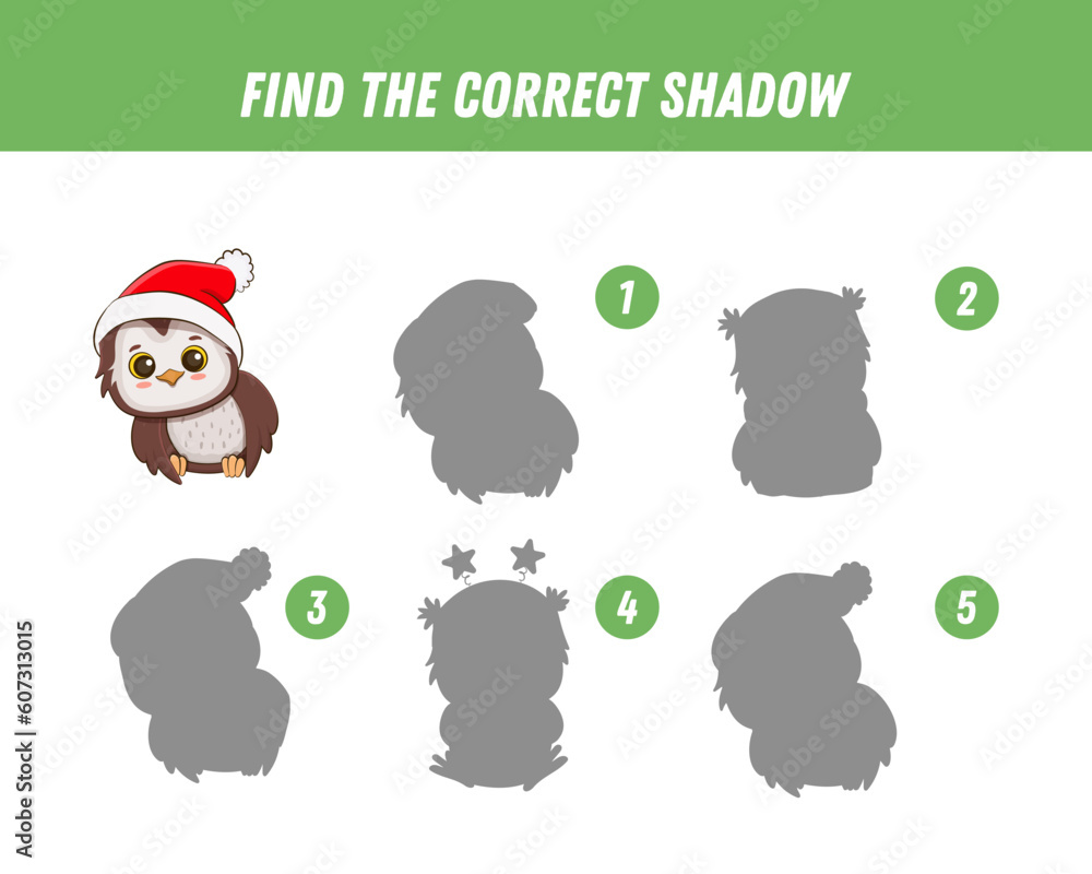 Find correct shadow of cute owl. Educational logical game for kids. Christmas game. Cartoon owl. Vector illustration Find correct shadow of cute owl. Educational logical game for kids. Christmas game. Cartoon owl. Vector illustration