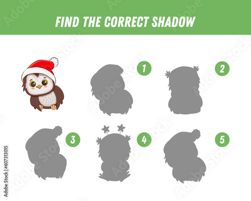  Find correct shadow of cute owl. Educational logical game for kids. Christmas game. Cartoon owl. Vector illustration