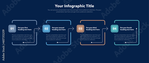 Rectangular process infographic template with four steps - dark version. SImple chart design for workflow layout, diagram, banner, web design.