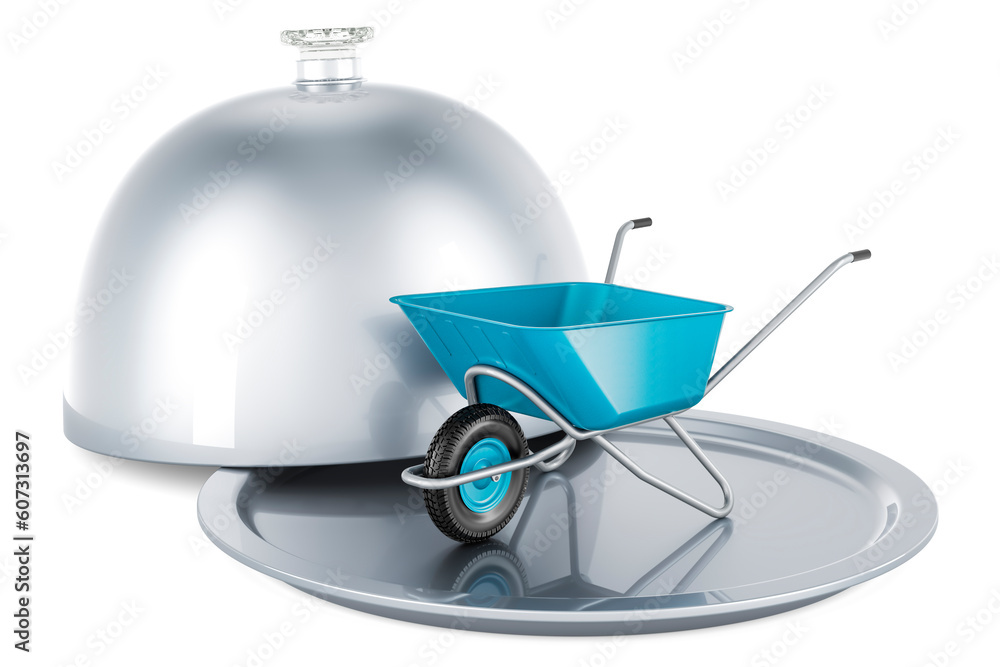 Restaurant cloche with garden wheelbarrow, 3D rendering Restaurant cloche with garden wheelbarrow, 3D rendering