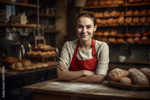Young saleswoman in apron works on supermarket. Generative AI 