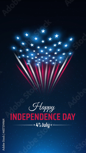 Banner 4th of july usa independence day, template with american colorful fireworks on dark sky background. Fourth of july, USA national holiday. Fireworks US flag. Vector illustration, poster