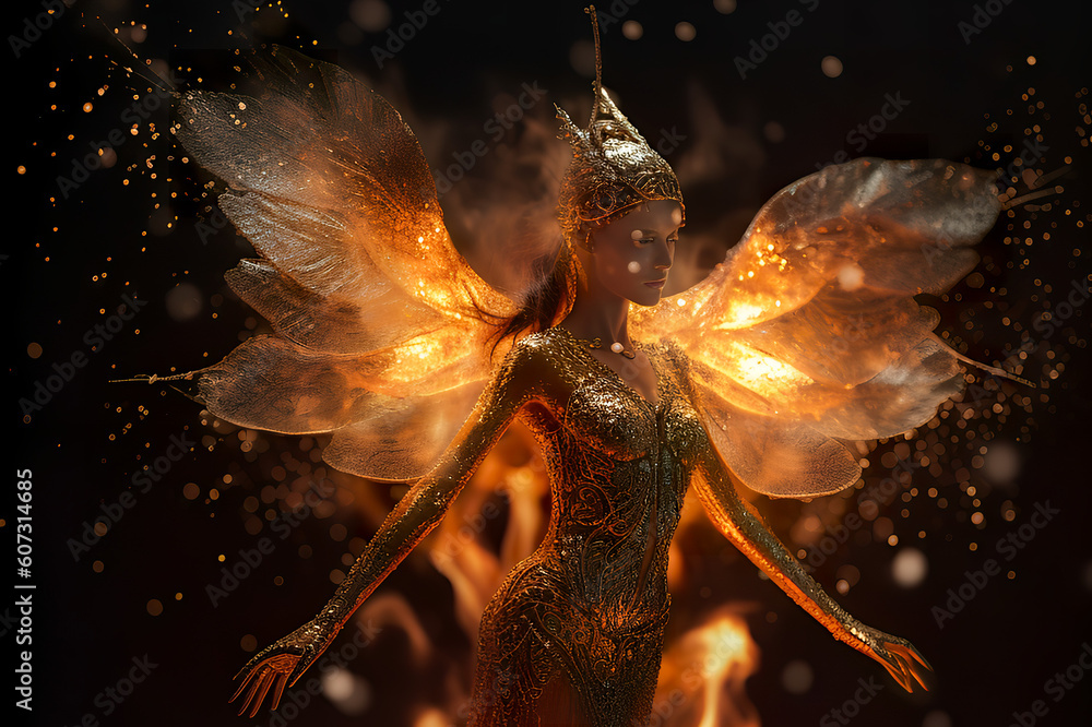 A fire fairy is portrayed in a scene full of radiance and sparkles. She ...