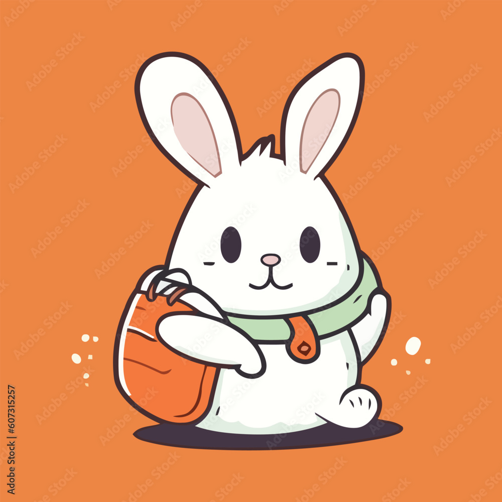 A super cute bunny character with bag vector illustration isolated on orange background.
