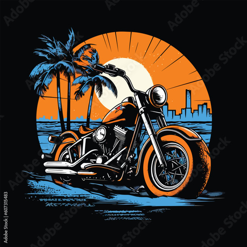 Motorbike on the beach with pump tree and sunset background.