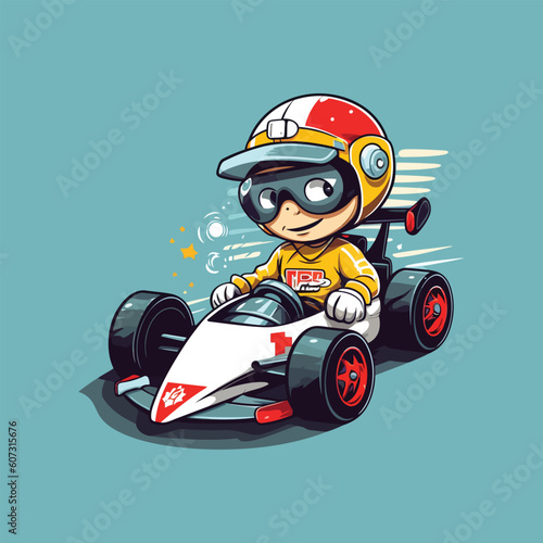 A boy riding a racing car cartoon style vector illustration isolated.