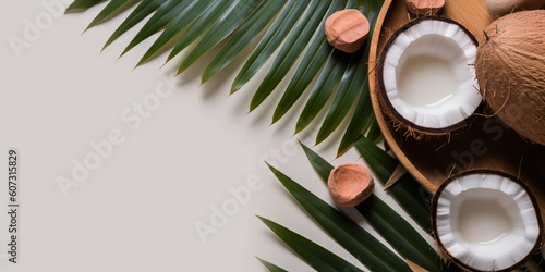 Template with coconuts and tropical palm leaves, overlay shadow. Summer vacation, resort concept. Tropical mockup, natural background, banner with place for text. Flat lay, top view.Generative ai.