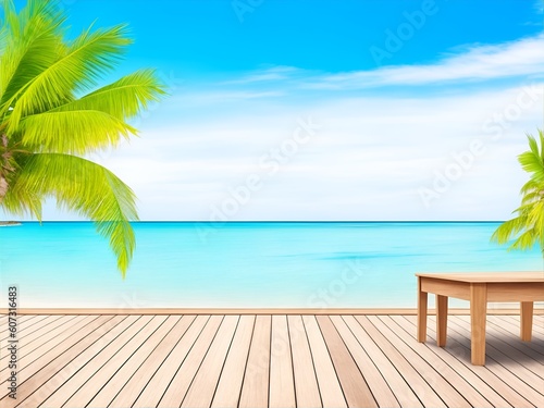 Empty wooden table or dock floor and palm leaves with blurred background  beach and beautiful sea in daytime.