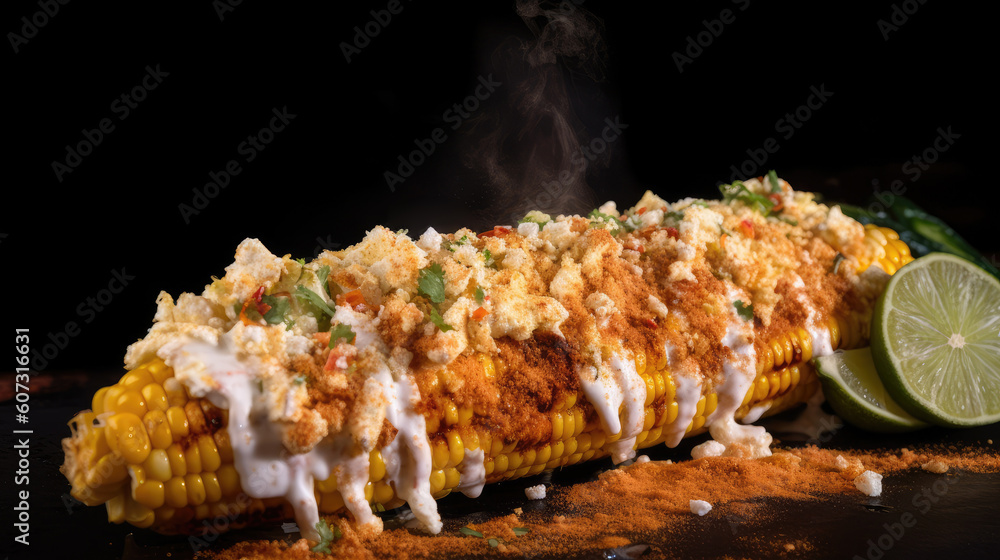 Elote, grilled corn on the cob, slathered in mayo, chili powder, and