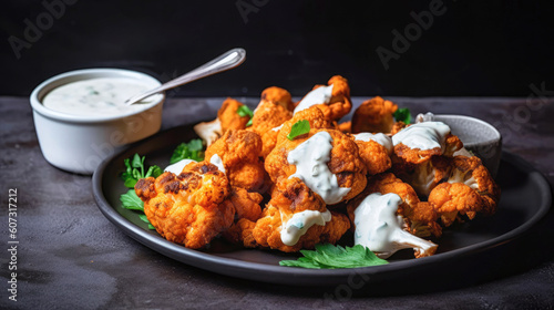 A plate of crispy cauliflower wings with a side of vegan ranch dressing - Generative AI