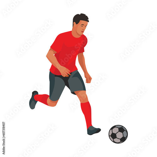 Vietnamese football player is running with the ball on the field during a competition or a training session