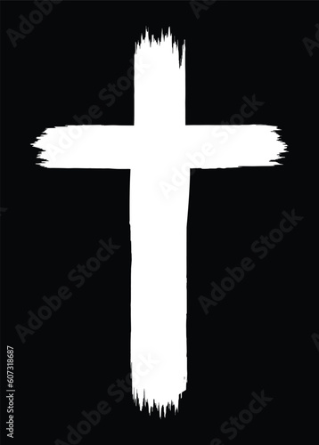 Hand drawn christian cross symbol painted with ink on black background