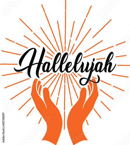 Canvastavla Hallelujah lettering with raising hands vector illustration