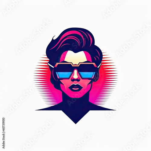 Synthwave Neon Cyberpunk Female Logo, Female Business Woman Gamer with Glasses, Synthwave Beautiful Lady Logo