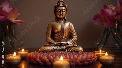 Buddha statue in meditation with lotus flower Generative AI