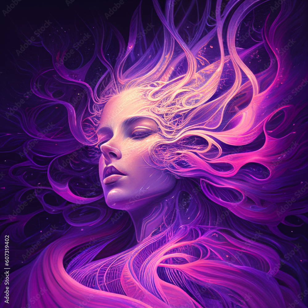 Portrait of a young woman with purple hair going into space. AI genarated