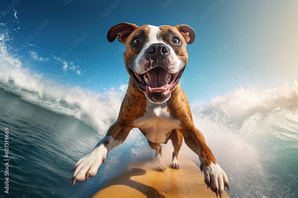 Image of a happy American Staffordshire terrier surfing a huge wave on a surfboard on a sunny day.