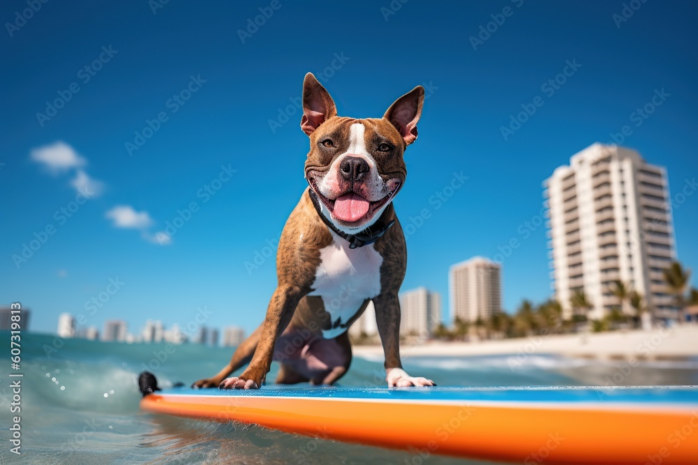 Image of a happy American Staffordshire terrier surfing on a surfboard at the Miami beach on a sunny day.