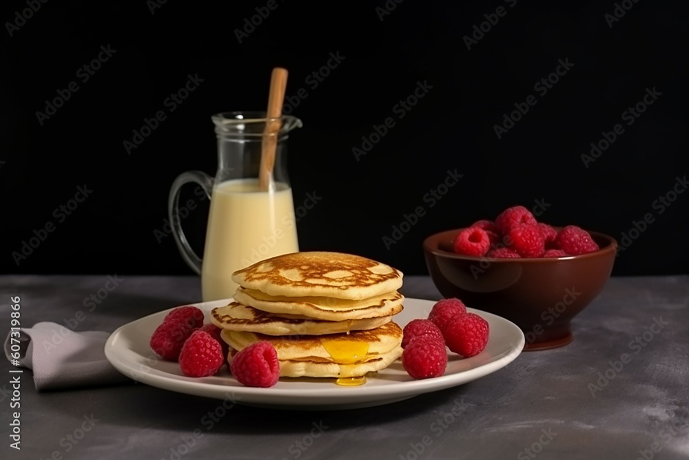 pancake con miele e lampone  su un piatto accompagnato con il latte