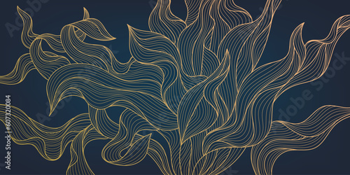 Vector golden leaves, seaweed, alga botanical modern, art deco wallpaper background pattern. Line design for interior design, textile, texture, poster, package, wrappers, gifts. Luxury. Japanese style