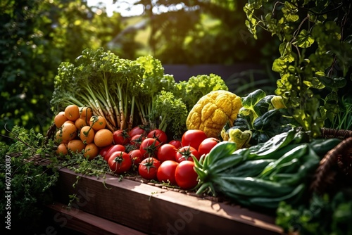 image showcasing a vibrant vegetable garden bursting with fresh produce, including colorful tomatoes, leafy greens, and an assortment of summer vegetables. Generative AI.