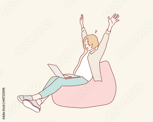 female freelancer sitting working computer. Hand drawn style vector design illustrations.