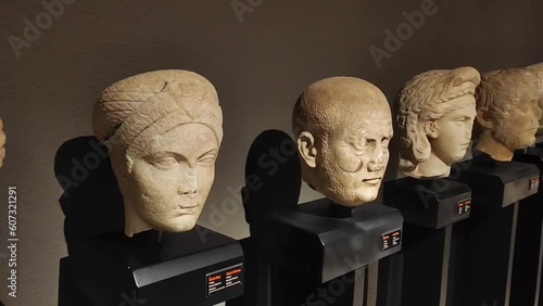 Antalya, Turkey, May 22, 2023. Ancient antique marble sculptures of people's heads