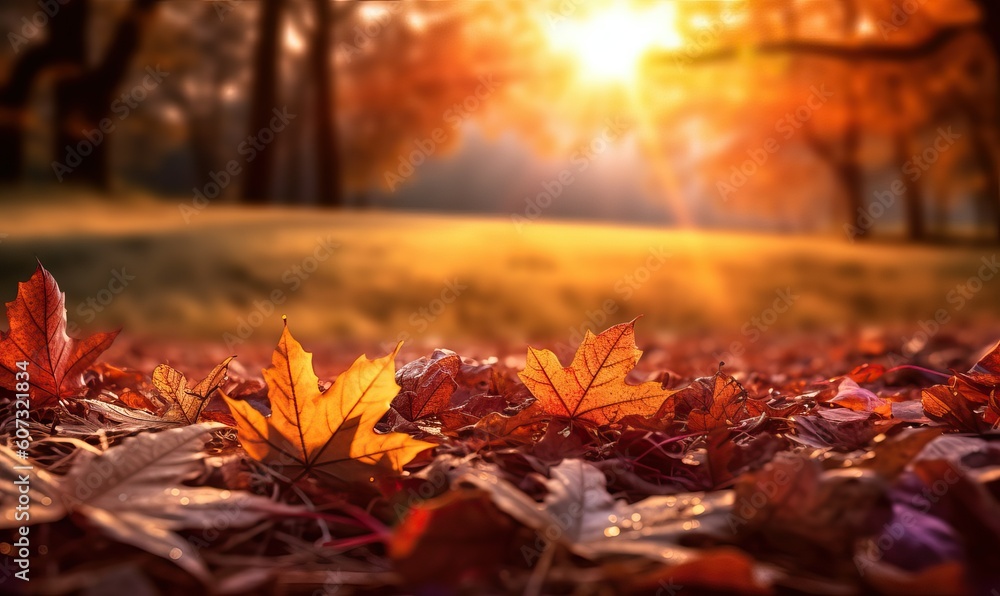 Autumn Leaves on the Ground with Sun Setting. Generative AI