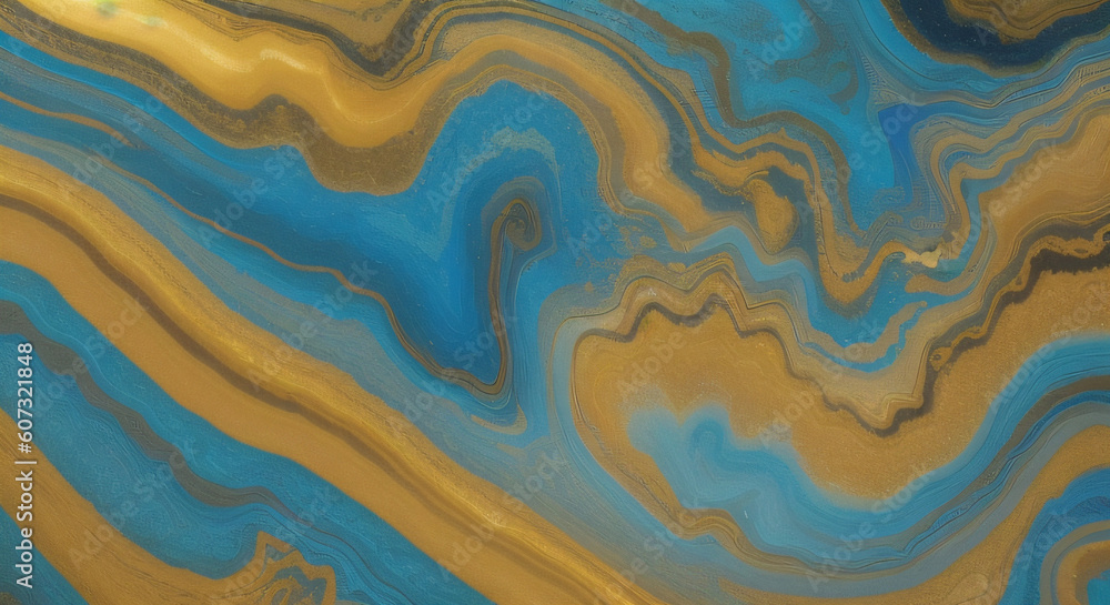 A close up of a painting of blue and gold swirls. A close up of a painting of blue and gold swirls.