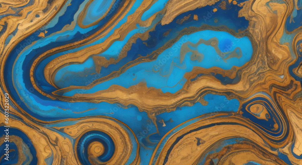 A close up of a painting of blue and gold swirls. A close up of a painting of blue and gold swirls.
