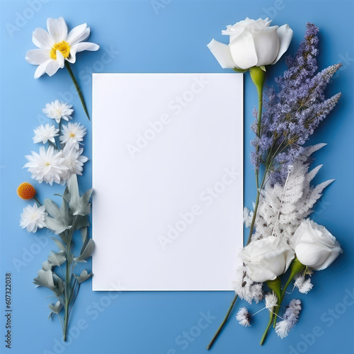 Blank white card with flowers around it on a Alice Blue color background. Generative AI. photo