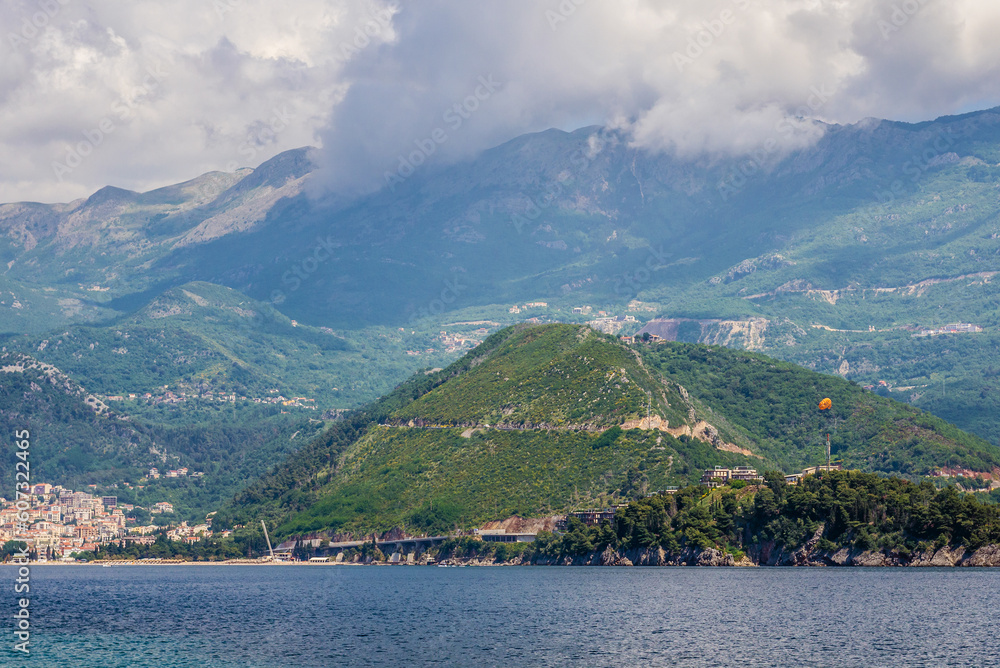 Distance view of Budva city and Becici town on the shore of Adriatic Sea, Montenegro