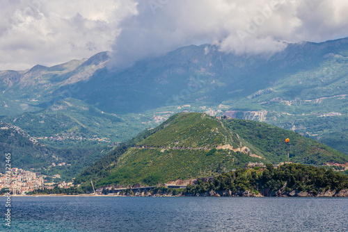 Distance view of Budva city and Becici town on the shore of Adriatic Sea, Montenegro
