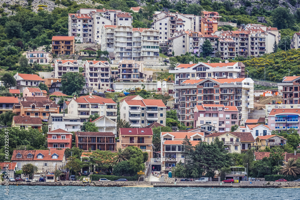 Buildings in Dobrota town in Kotor Bay on Adriatic Sea, Montenegro