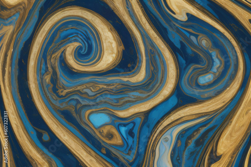 A background of blue and gold marbled swirls.