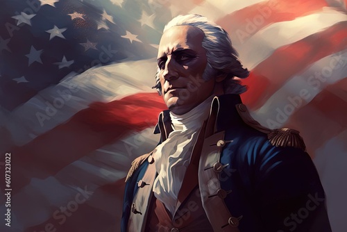 Dramatic George Washington Portrait in Front of American Flag - Character Painting, American Scene, Cinematic Pose, Solid Dark Background, Generated AI