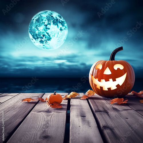 Halloween pumpkins on a wooden table at night landckape